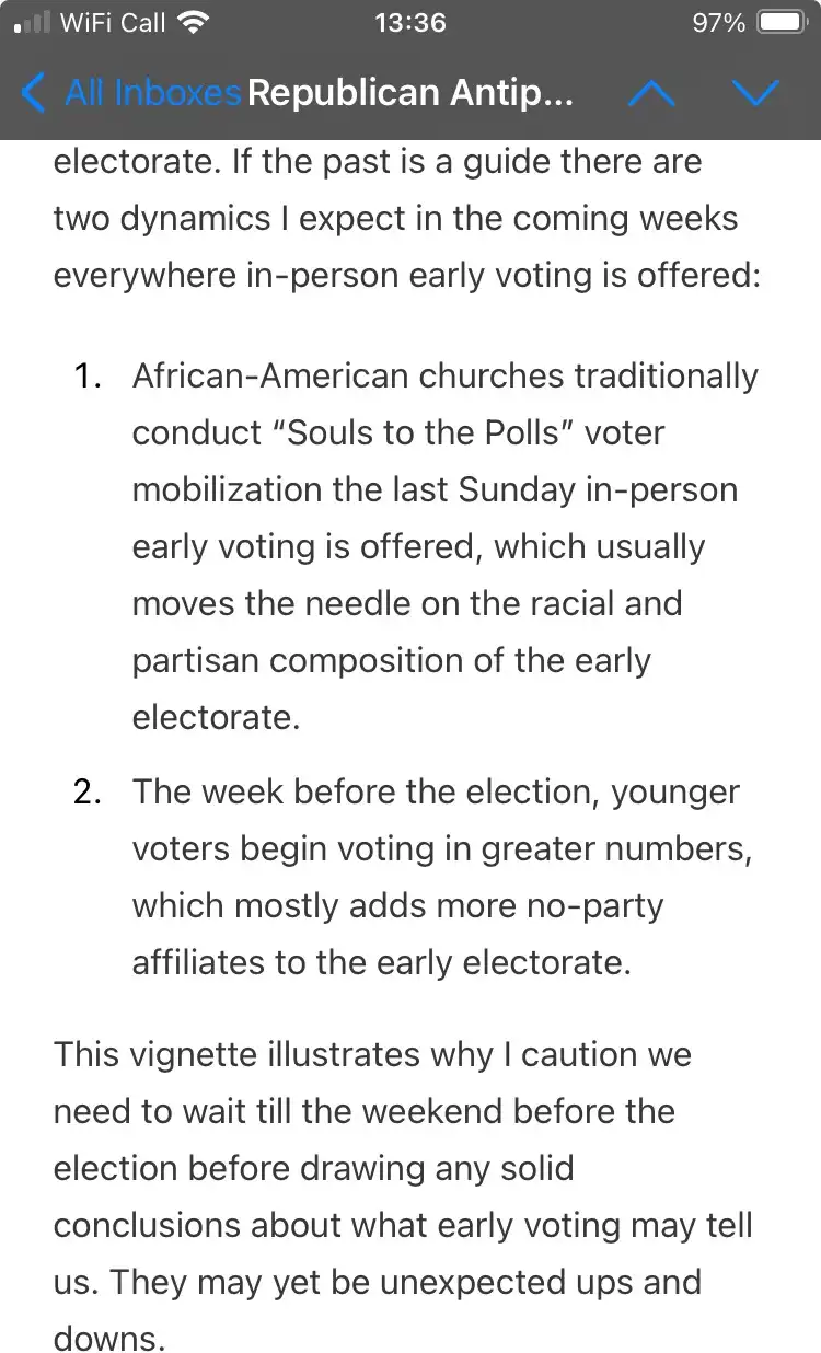 A screenshot of a text message or email titled 'Republican Antip...' discussing voter behavior patterns during early voting…