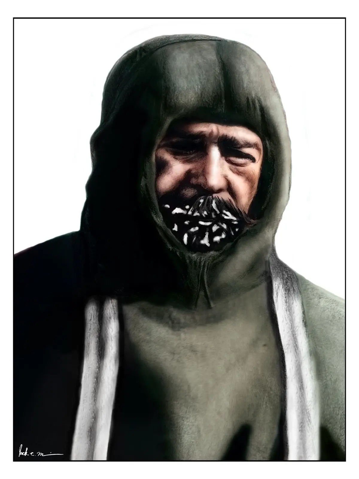 A digitally altered portrait shows a man in a dark hooded sweatshirt with a grimacing, angry expression. His mouth is…