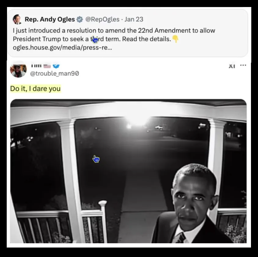 A black and white image shows former President Barack Obama standing on a porch at night, looking directly at the viewer…