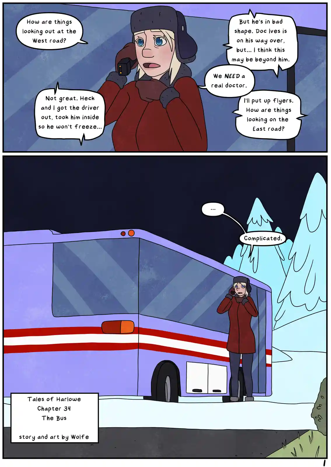 A comic strip from 'Tales of Harlowe' shows a woman in winter gear talking on a phone while standing next to a large purple…