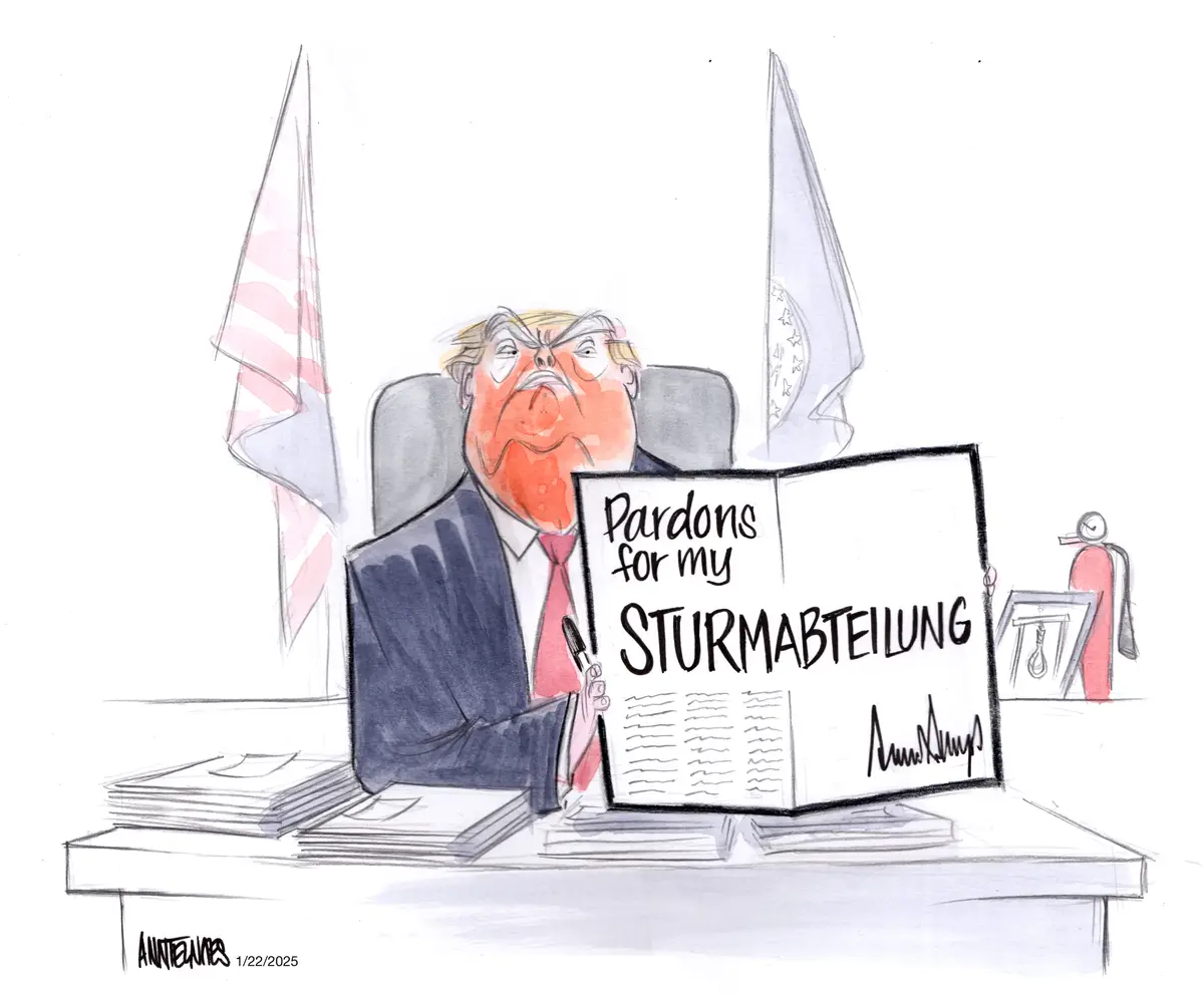 A cartoon depicts a caricature of Donald Trump sitting at a desk in an office with American and presidential flags behind…