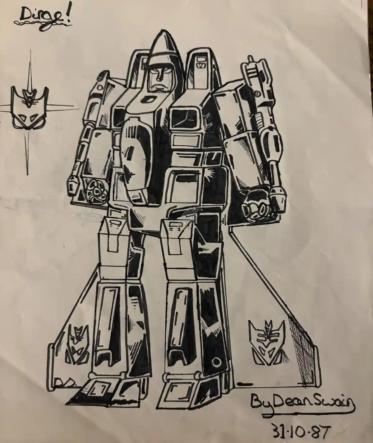 A black-and-white hand-drawn sketch of a large, angular robot with a stern face, holding a weapon, featuring Decepticon…