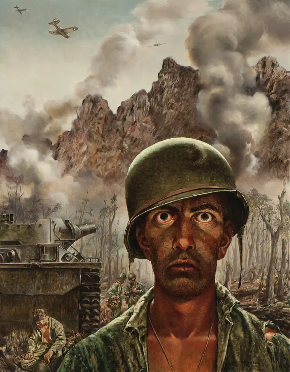 A dramatic wartime painting depicts a U.S. soldier in a helmet staring intensely at the viewer, with smoke, mountains, and…