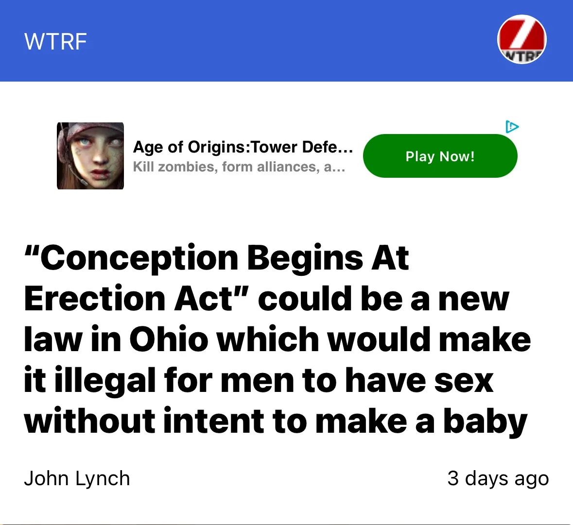 An image of a news article from WTRF, featuring a headline about a fictional Ohio law called the 'Conception Begins At…