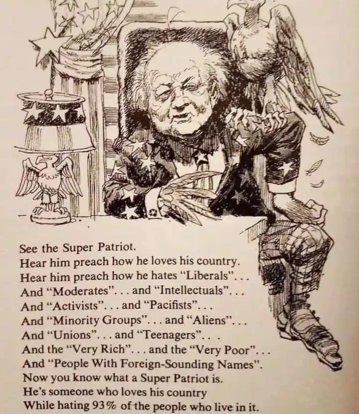 A black-and-white political cartoon depicts an elderly, stern-looking man in a patriotic stars-and-stripes suit, seated in a…