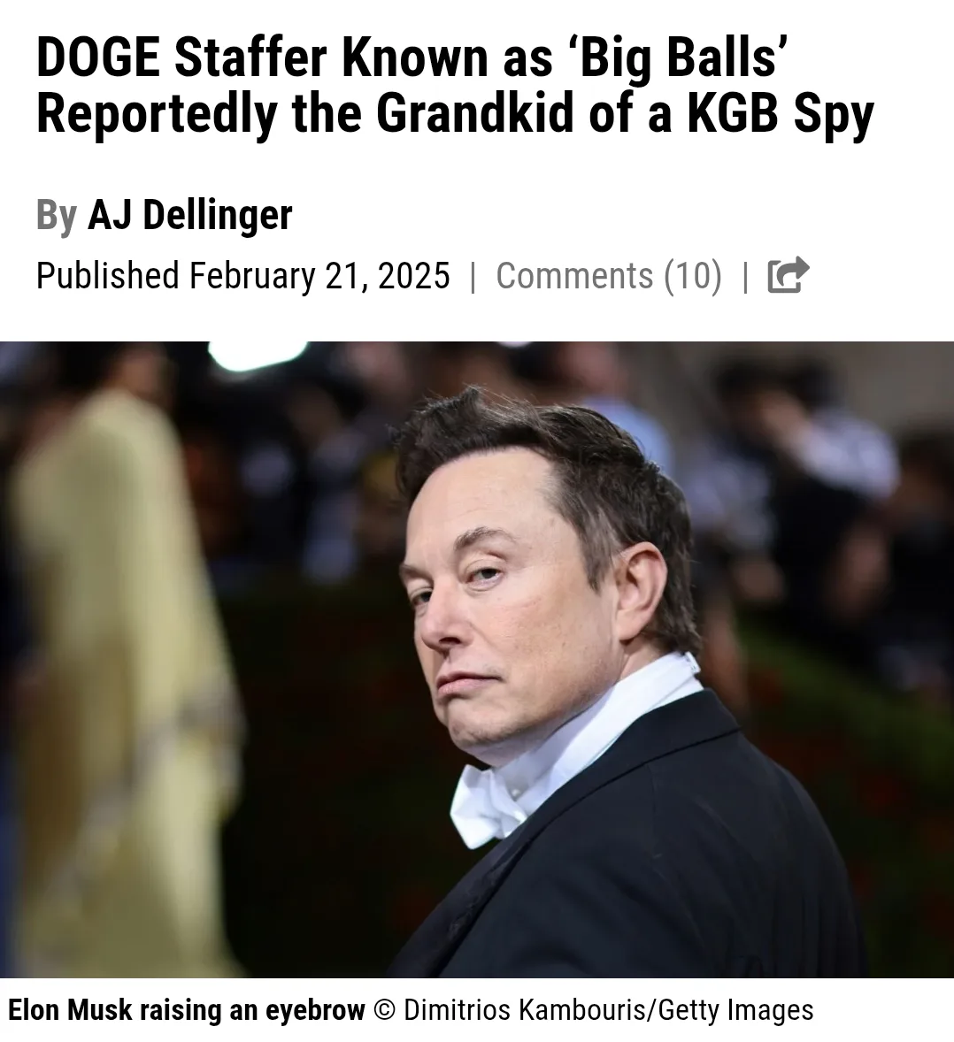 A photo of Elon Musk in a black tuxedo with a white bowtie, looking over his shoulder with a skeptical, raised eyebrow…