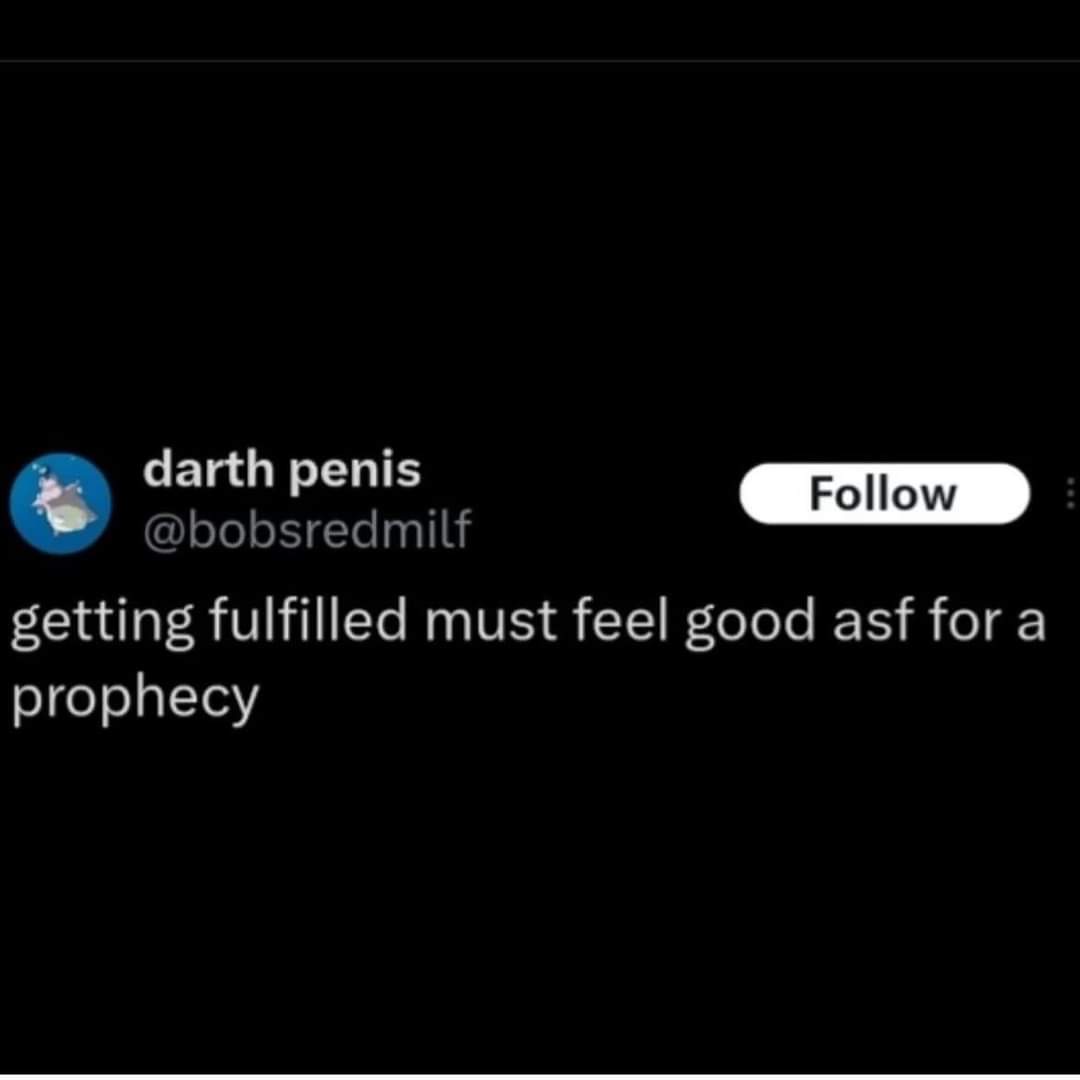 A screenshot of a Twitter post from the account 'darth penis' (@bobsredmilf) with a black background, a circular profile…