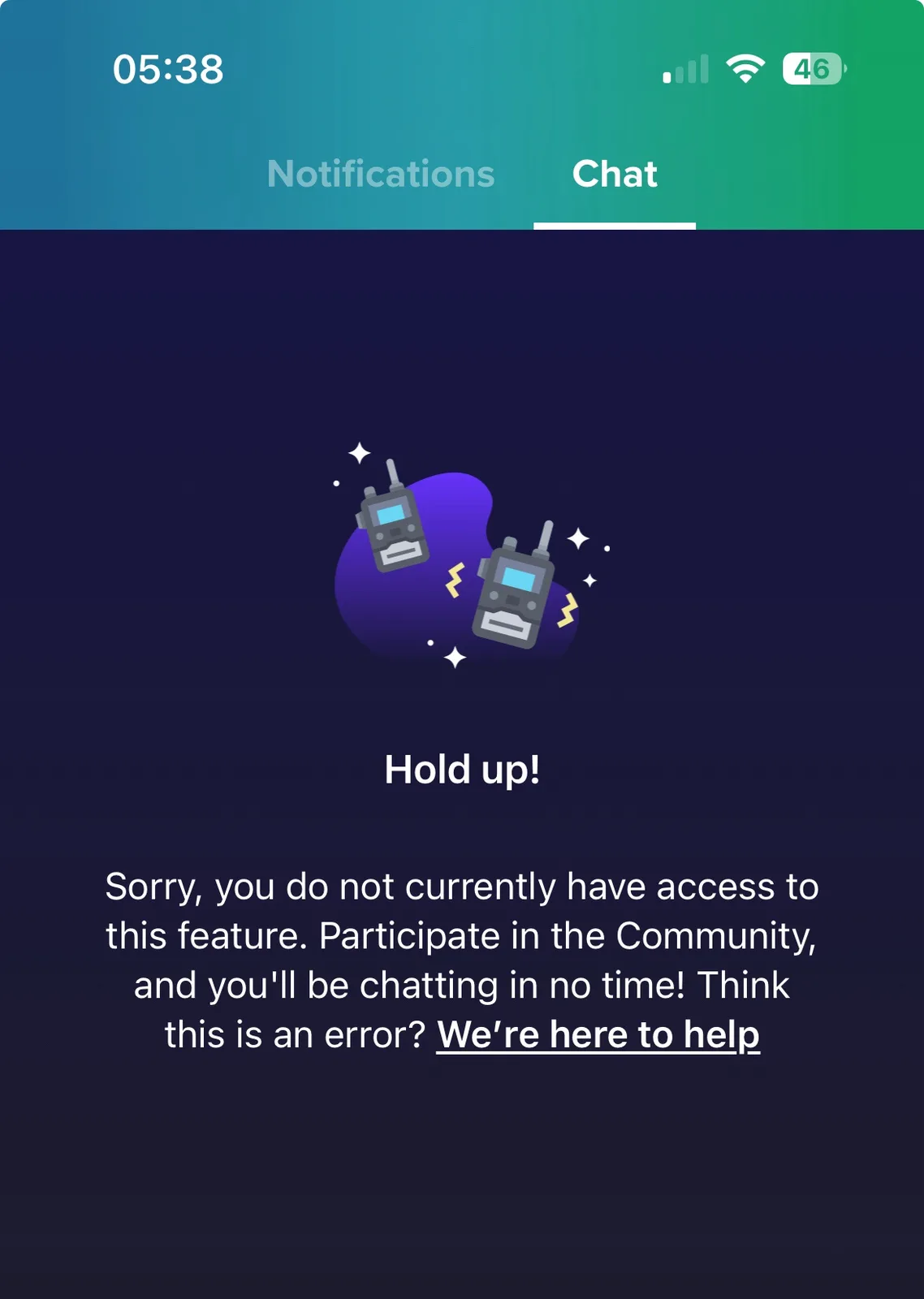A smartphone screen shows a chat app interface with a 'Chat' tab selected. The screen displays a message with two cartoon…