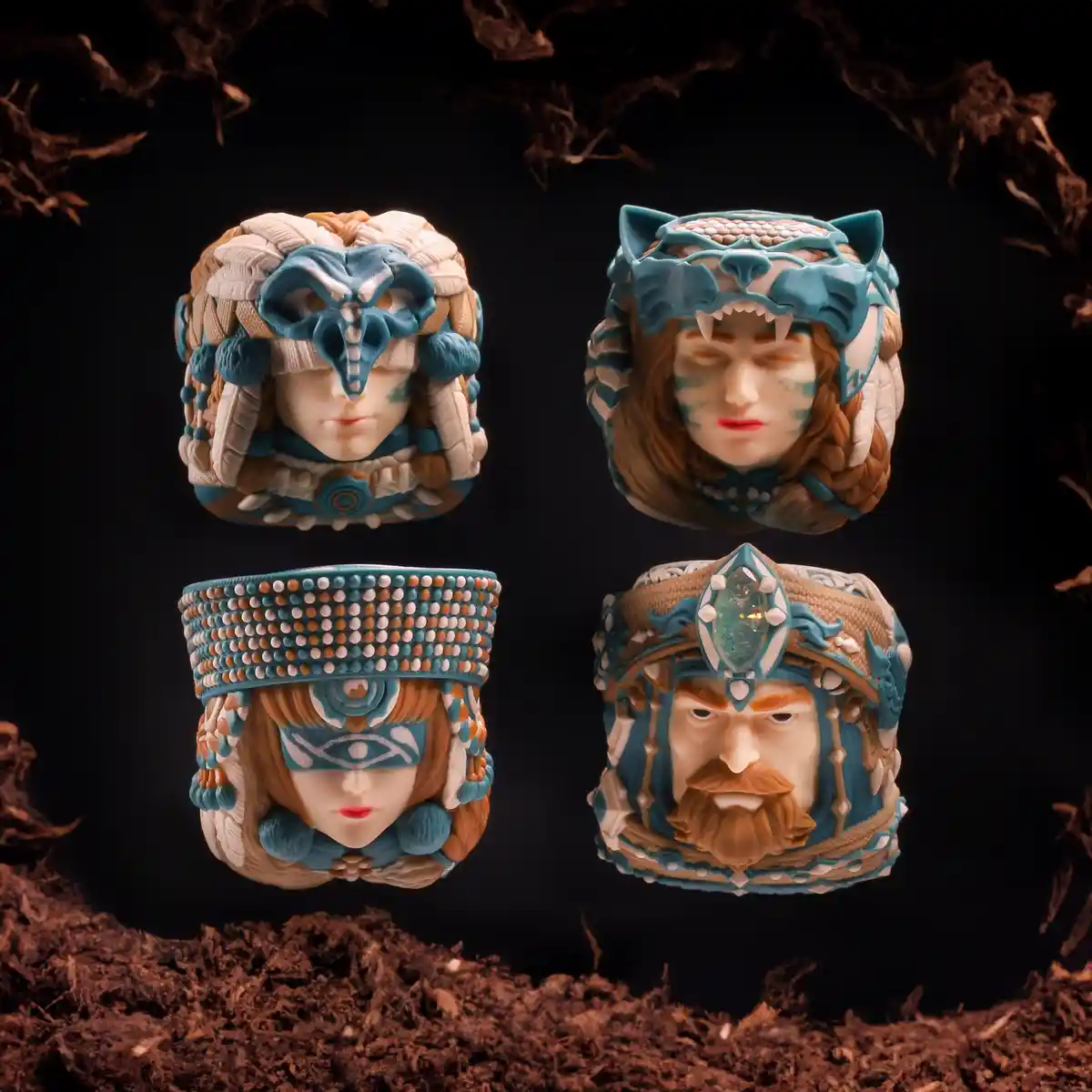 Four intricately designed, floating clay figurines with fantasy-themed headgear and facial features are displayed against a…