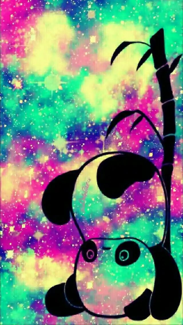 A cartoon panda with a black-and-white silhouette is shown against a vibrant, colorful galaxy background filled with stars…