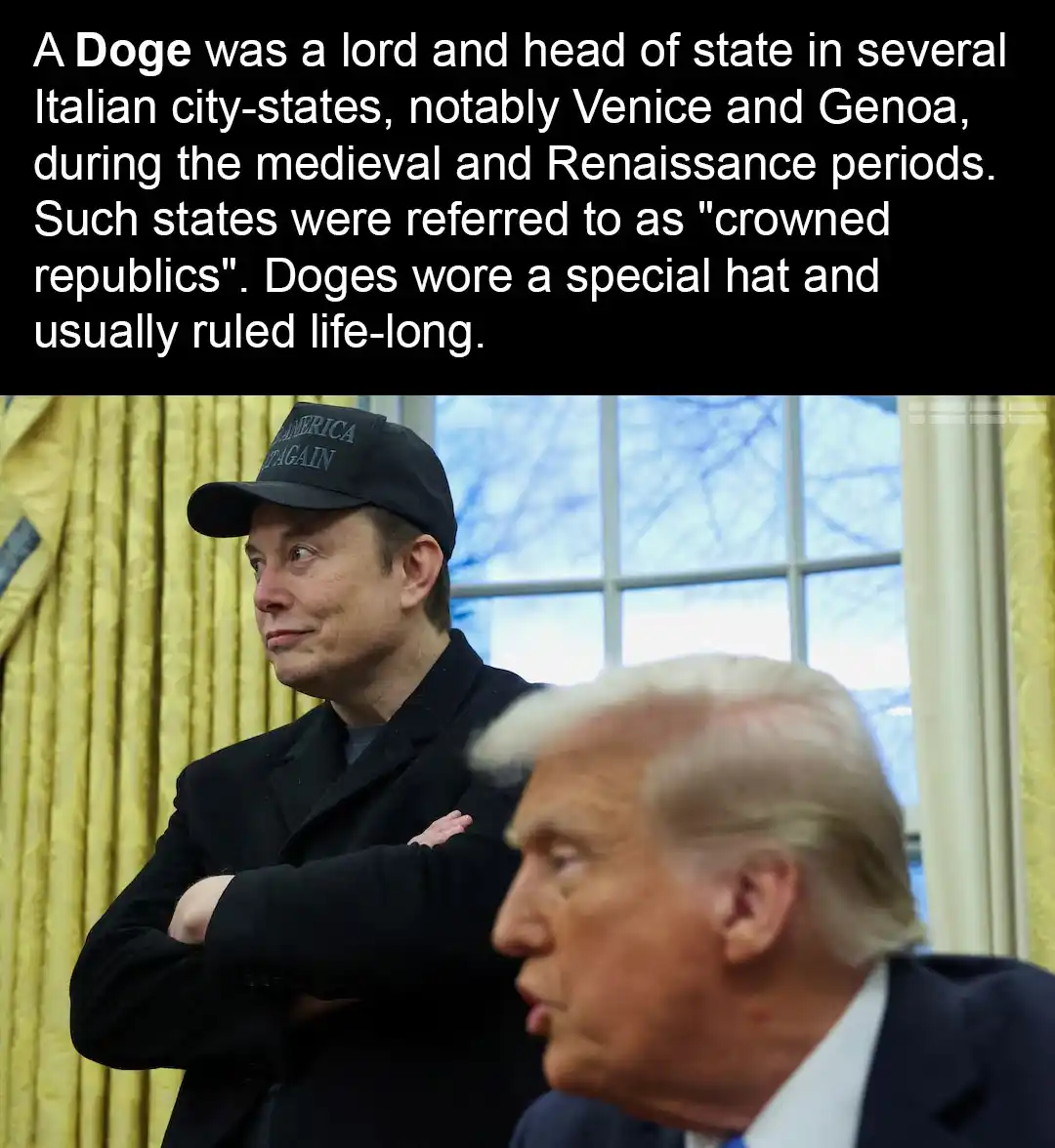 The image shows Elon Musk wearing a black 'Make America Great Again' cap, standing with arms crossed behind Donald Trump…