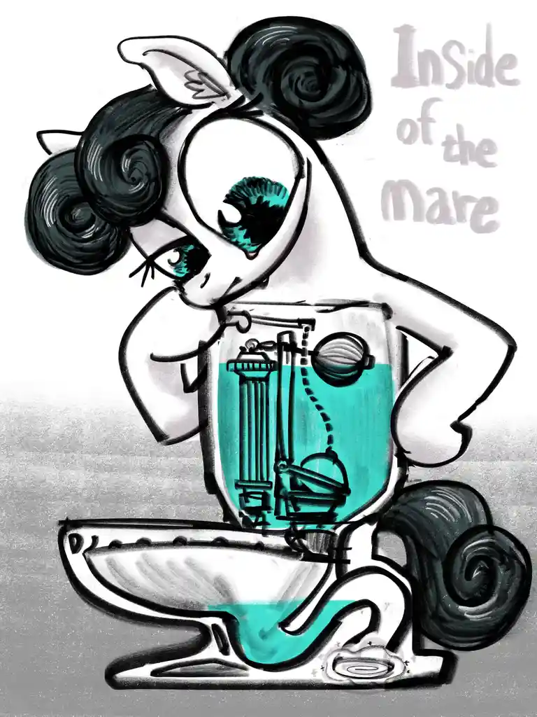 A stylized cartoon mare with large teal eyes and black spiral hair is depicted with her torso transparent, revealing a…