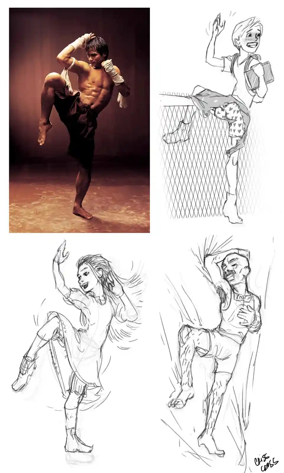 A composite image displays a professional photo of a muscular man in traditional Muay Thai gear executing a high kick…