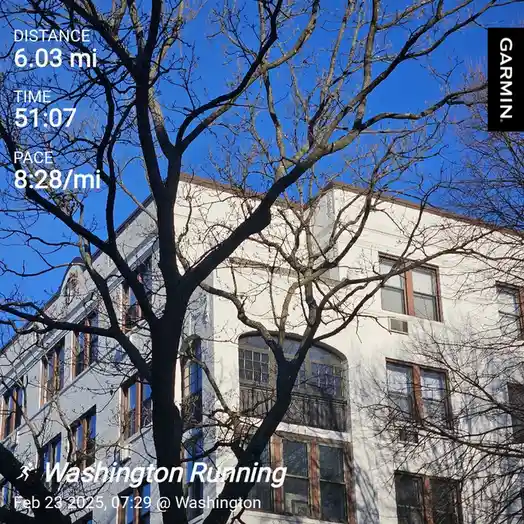 A screenshot from a Garmin fitness tracker shows a running workout with a distance of 6.03 miles, time of 51:07, and pace of…