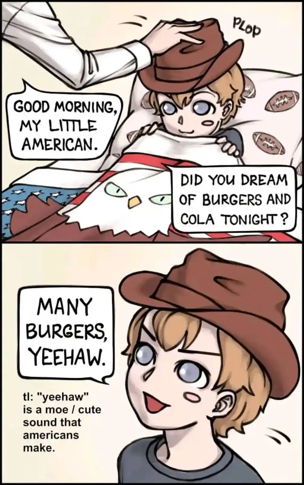 A two-panel comic shows a person in a cowboy hat waking up in bed with an American flag blanket and football-patterned…