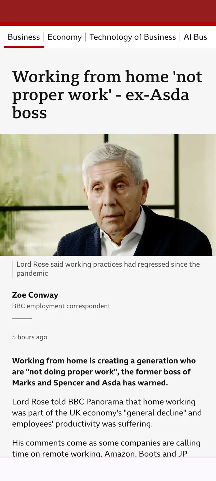 A screenshot of a BBC news article featuring an older man with gray hair in a dark sweater and white shirt, looking serious…