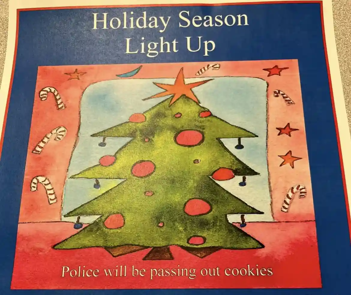 A festive poster for a 'Holiday Season Light Up' event features a cartoon Christmas tree decorated with red ornaments and a…