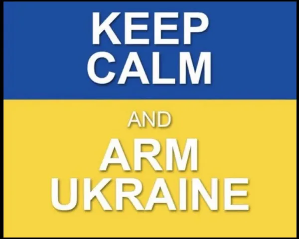 The image displays a modified 'Keep Calm and Carry On' poster, with the blue and yellow horizontal stripes of the Ukrainian…