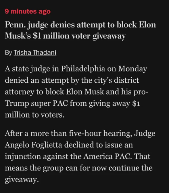 A screenshot of a news article with a black background and white text, showing a headline about a Pennsylvania judge denying…