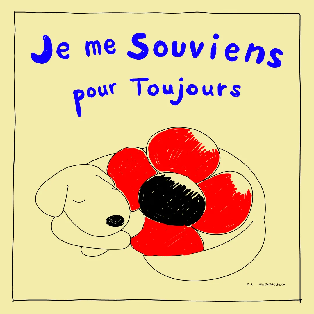 A hand-drawn image shows a simple cartoon dog with closed eyes, peacefully sleeping while curled up next to a large red…