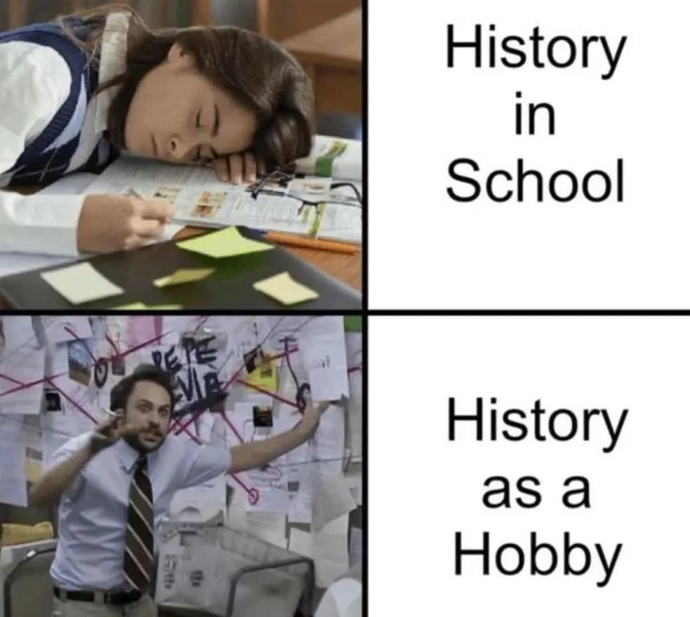 Top panel: A student in a school uniform sleeps at her desk with books and sticky notes around her. Bottom panel: A man in a…