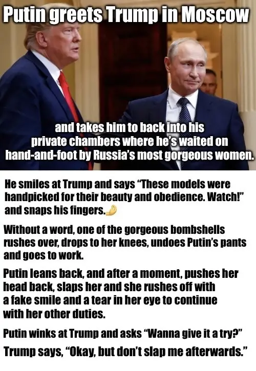 The image shows Donald Trump and Vladimir Putin standing side by side in formal attire. Overlaid text tells a fictional…