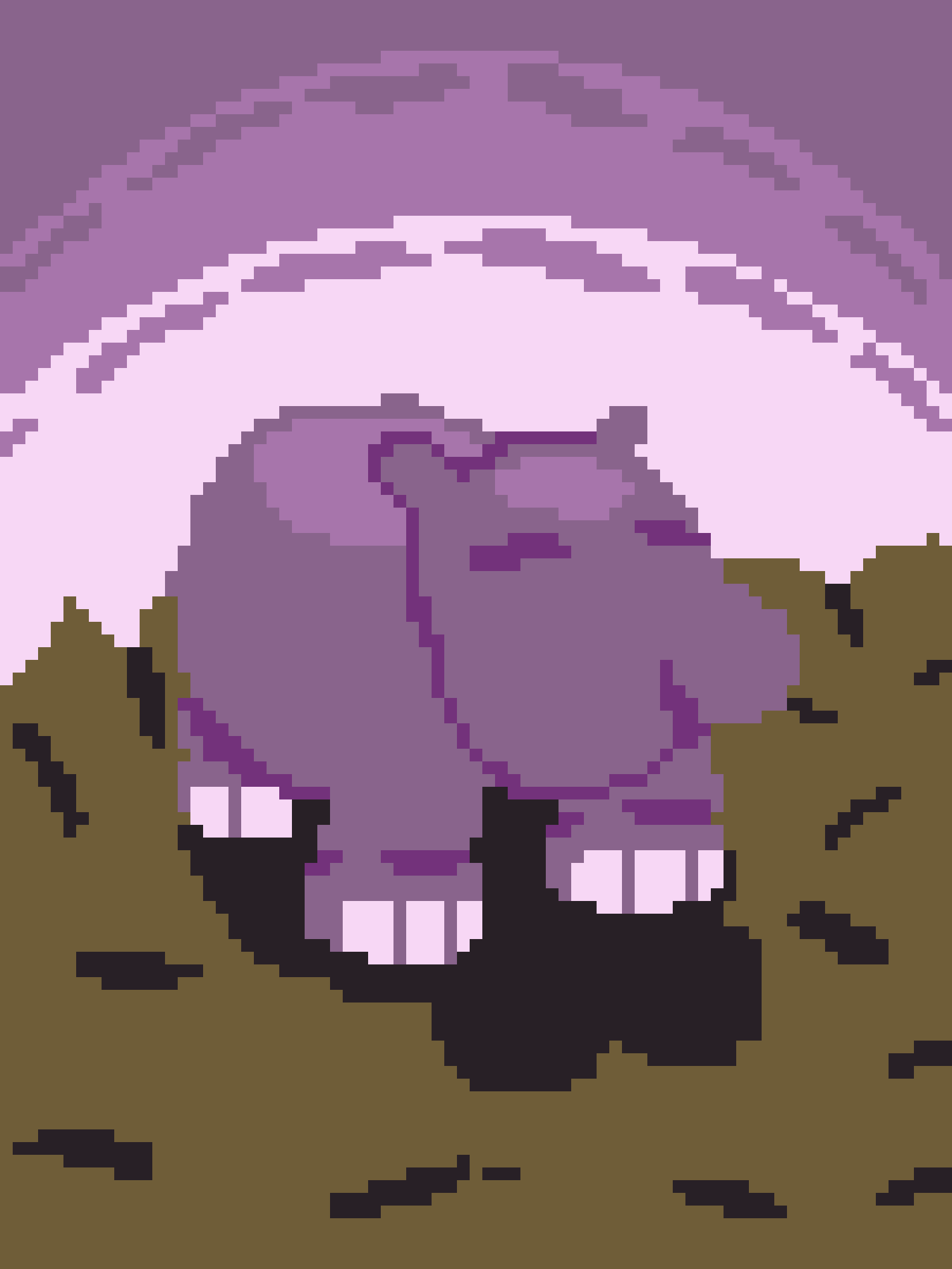 A pixelated, low-resolution image shows a purple, mushroom-like creature with a wide, toothy grin and large eyes, standing…