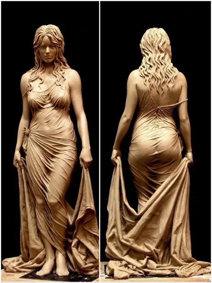 The image displays two side-by-side views of a detailed clay sculpture of a woman: the front view shows her face and torso…