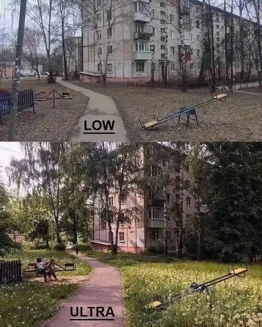 The image is split into two panels showing the same park area with an apartment building in the background. The top panel…