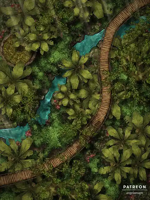 An overhead view of a lush jungle with a winding wooden suspension bridge crossing a bright turquoise river, surrounded by…