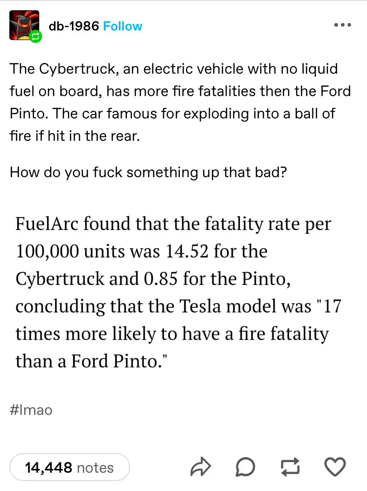 This image is a screenshot of a social media post with black text on a white background. The text claims that Tesla's…