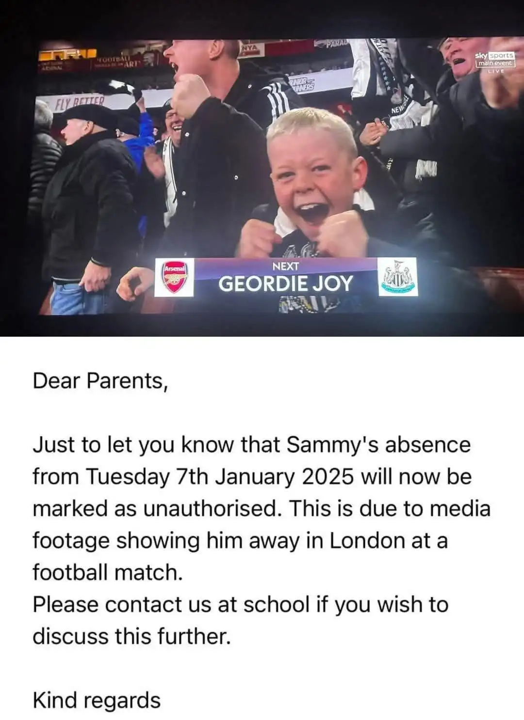 The image shows a young boy with blonde hair, wearing a Newcastle United scarf, ecstatically cheering at a football match…