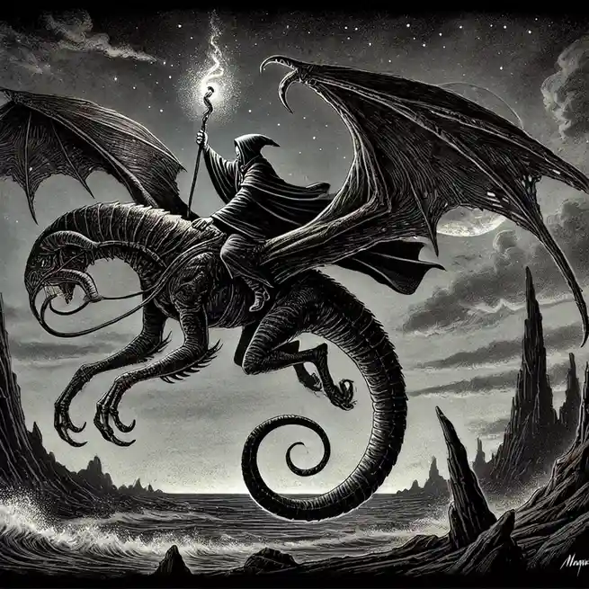 A black-and-white fantasy illustration shows a cloaked, hooded figure riding a large, winged dragon over a stormy sea with…
