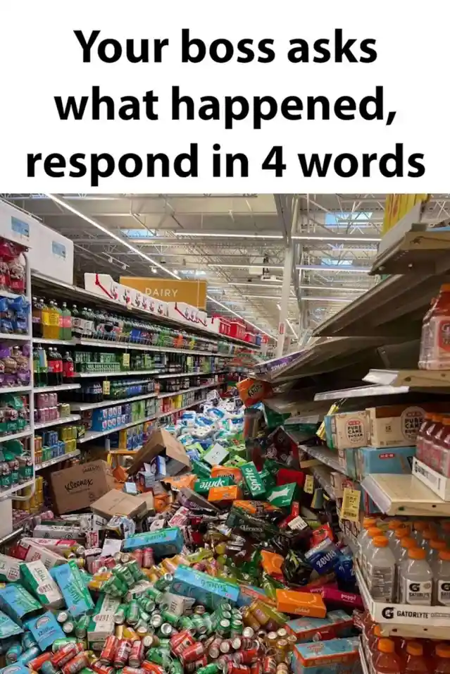 A supermarket aisle is shown with shelves collapsed and filled with a massive pile of spilled and scattered soda cans…