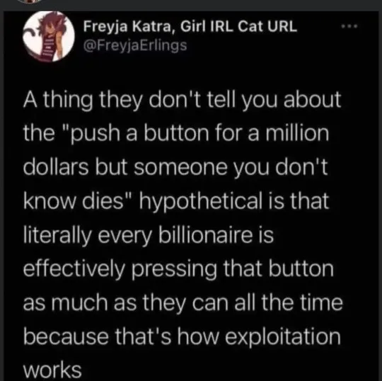 A screenshot of a tweet by Freyja Katra (@FreyjaErlings) with a black background and white text. The tweet reads: 'A thing…