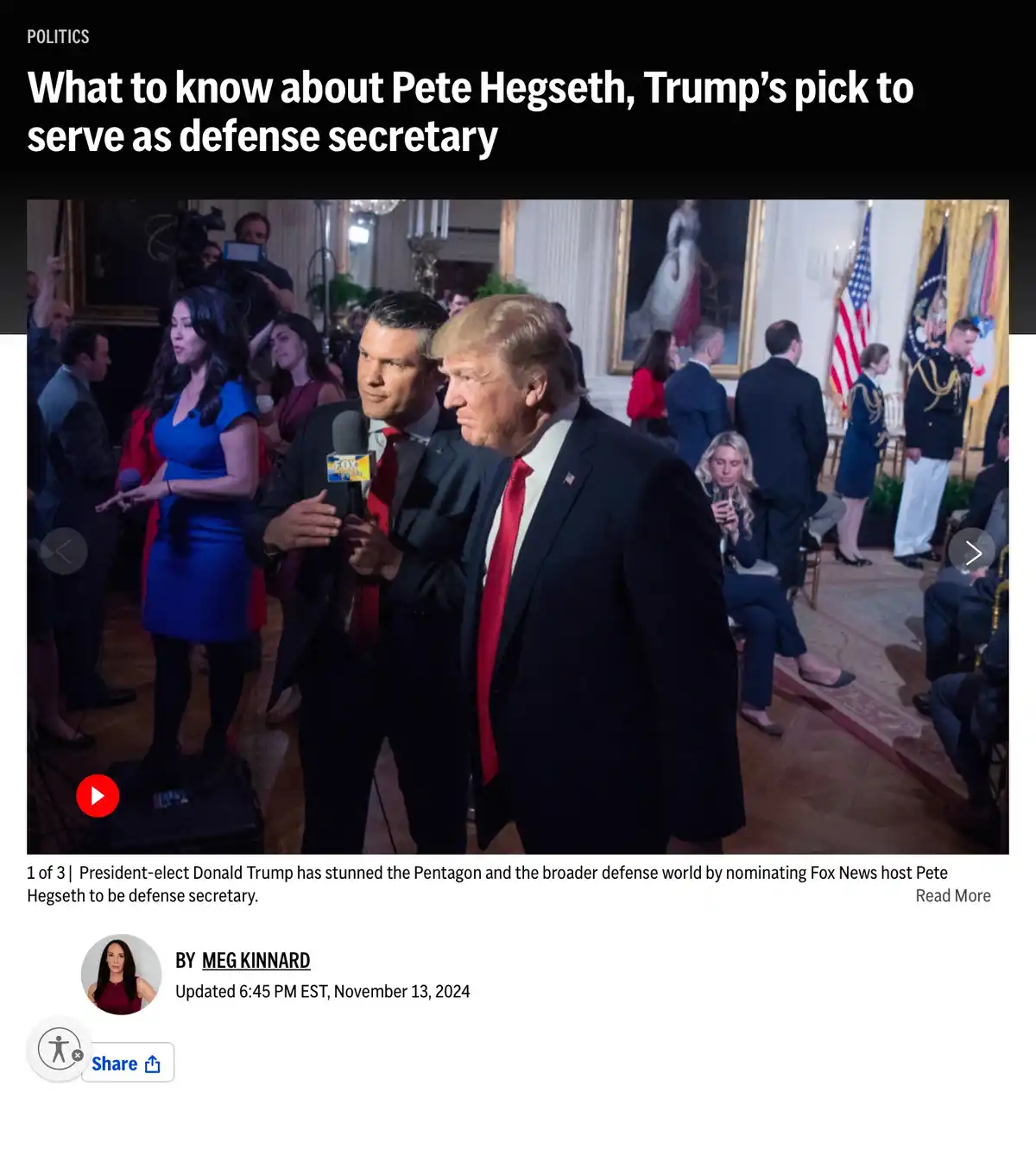 A screenshot of a news article shows Donald Trump and Pete Hegseth standing together at an event, with Hegseth holding a Fox…