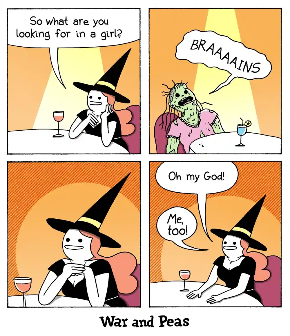 A four-panel comic strip shows a witch asking a zombie what she's looking for in a girl. The zombie replies 'BRAAAAAINS'…
