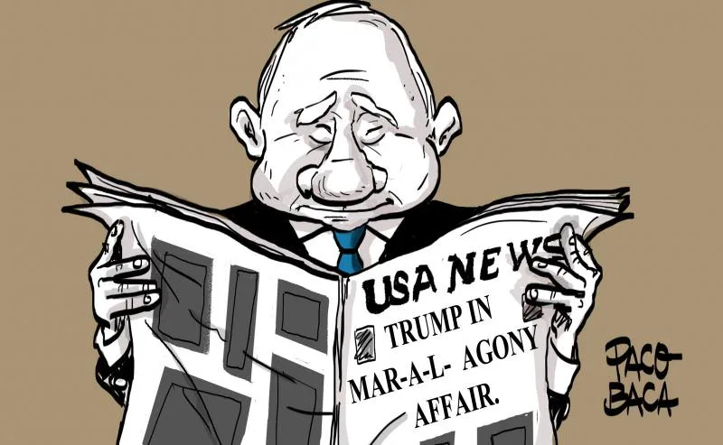 A cartoon depicts a bald, bespectacled man in a suit and tie, grimacing in distress while reading a newspaper. The newspaper…