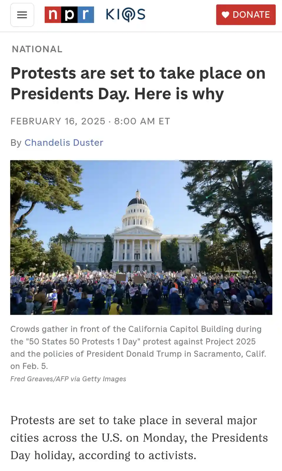 A screenshot of an NPR news article dated February 16, 2025, featuring a photo of a large protest crowd gathered in front of…