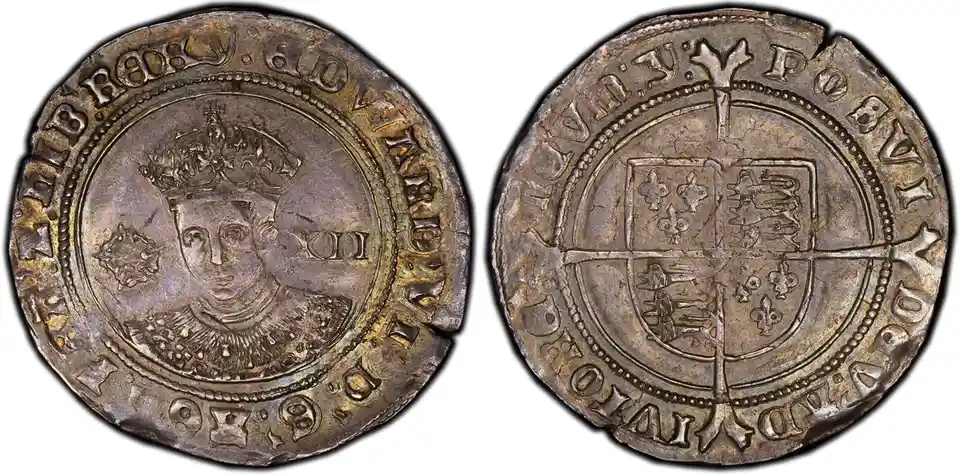The image displays two sides of an old, tarnished silver coin. The obverse shows a crowned portrait of a monarch with the…
