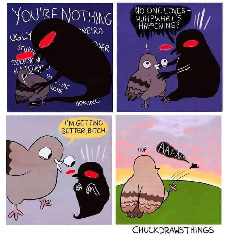 A four-panel comic shows a black shadow creature verbally abusing a pigeon with words like 'ugly,' 'stupid,' and 'you'll die…
