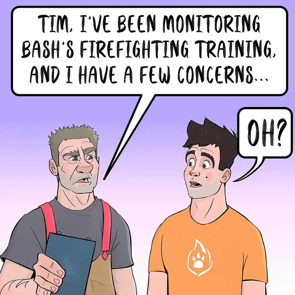 Two cartoon men are shown in a comic panel. The man on the left, wearing overalls and holding a clipboard, speaks with a…