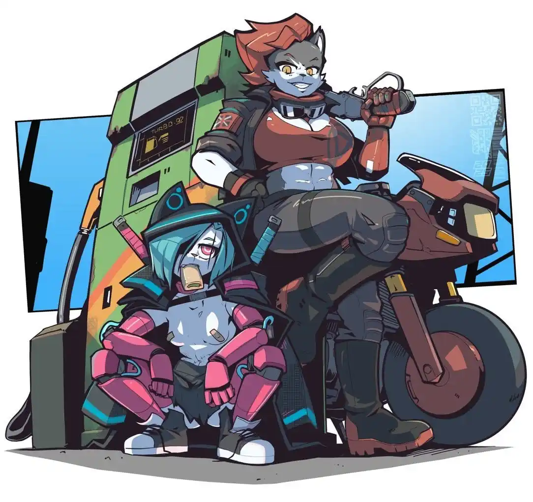 An anime-style illustration shows a muscular, cat-eared woman with red hair sitting on a motorcycle, holding a gun and…