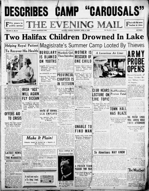 The image is a vintage newspaper front page from The Evening Mail, Halifax, Canada, dated April 4, 1929, featuring multiple…