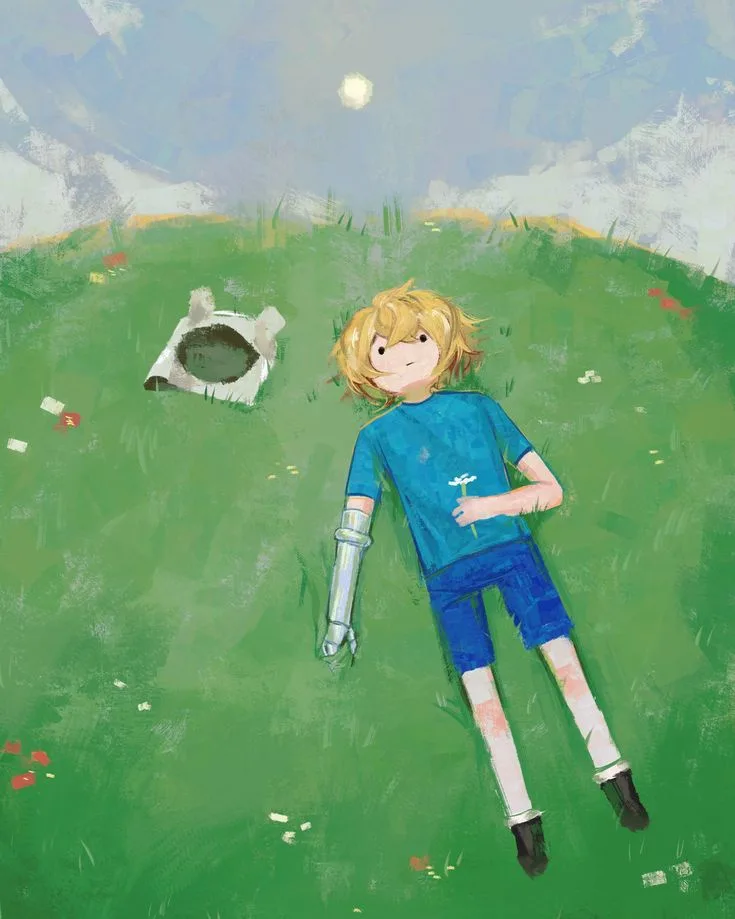 An anime-style illustration shows a young boy with blonde hair lying on his back in a grassy field, holding a dandelion. He…