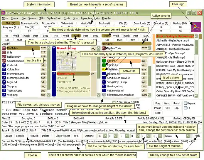 A screenshot of the FileMatrix file manager software from 2003, annotated with numerous yellow callouts pointing to UI…