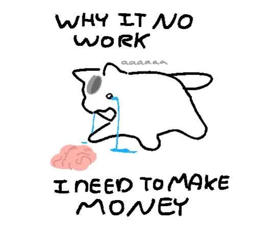 A simple black-and-white cartoon drawing shows a cat with one eye covered, crying blue tears while looking down at a pink…