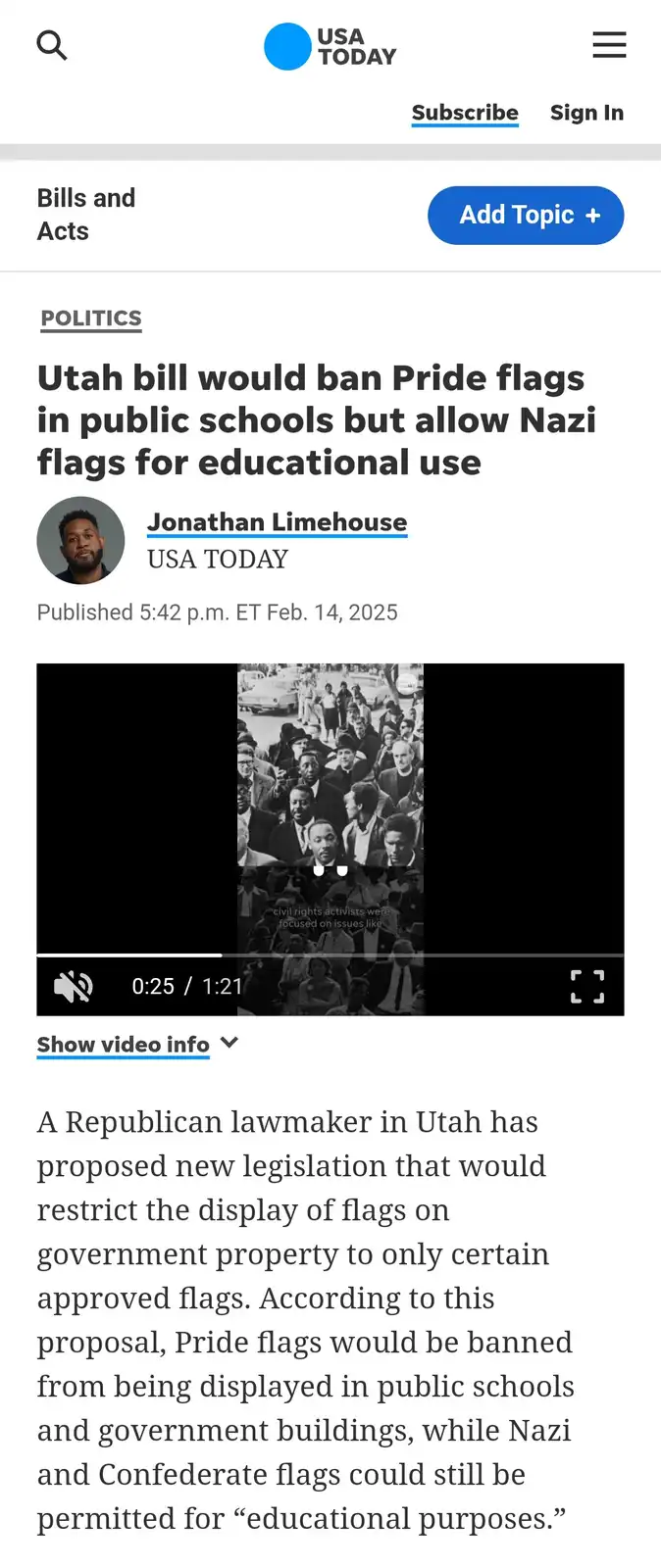 A screenshot of a USA TODAY news article about a proposed Utah bill that would ban Pride flags in public schools but allow…