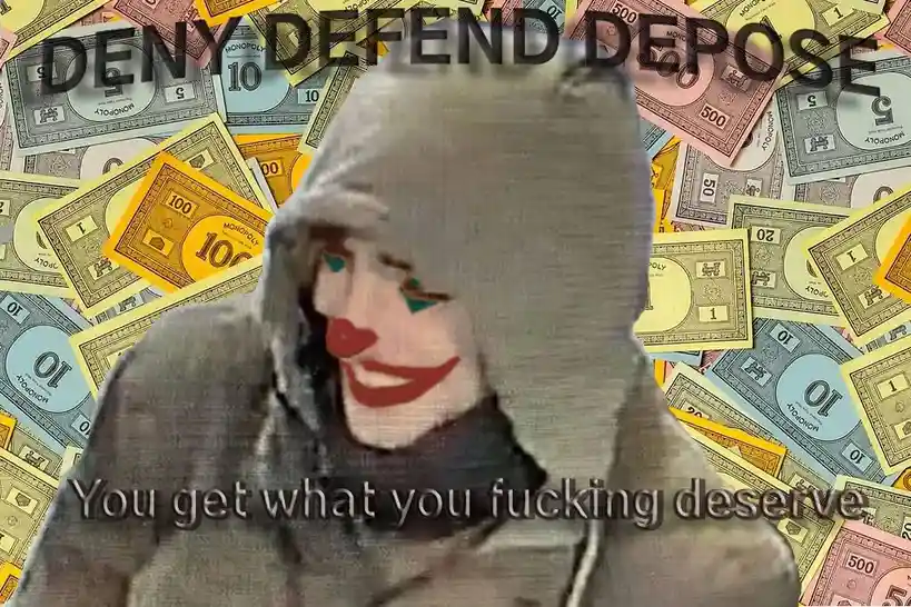 A person wearing a grey hoodie and a clown face mask stands in front of a background filled with Monopoly money bills of…