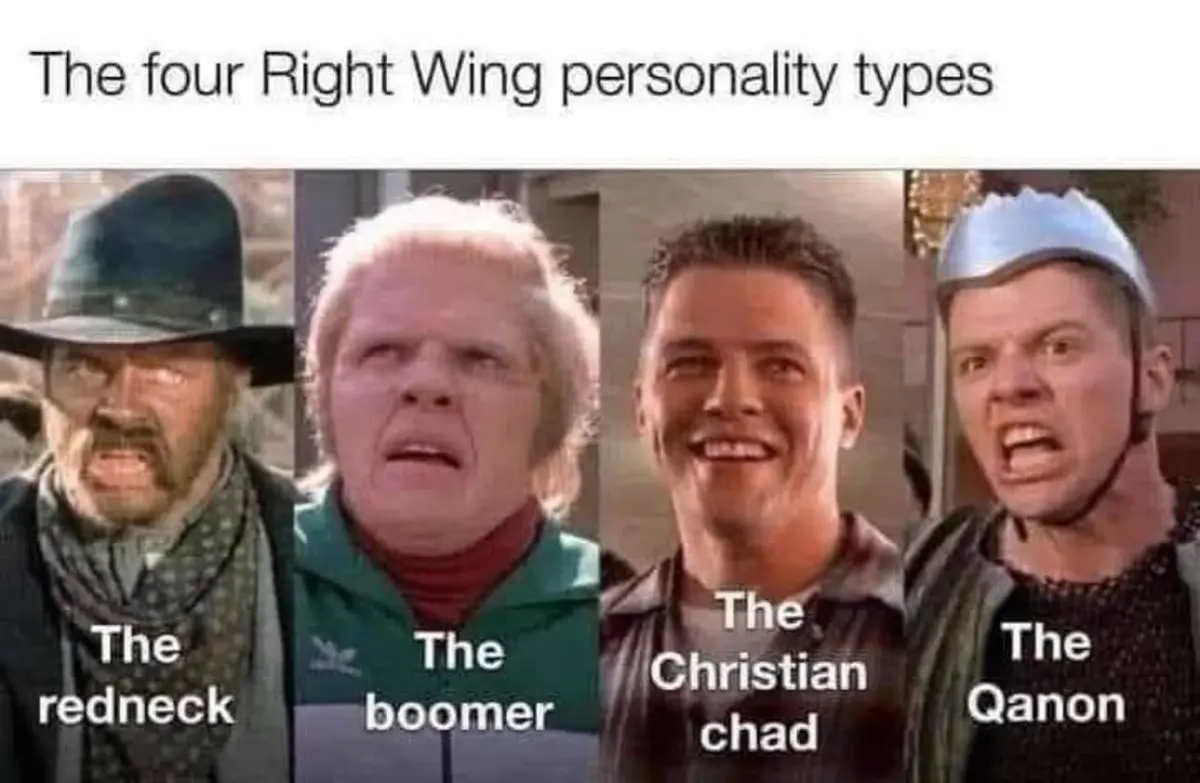 A four-panel meme image shows four men with distinct expressions and attire, each labeled with a stereotype: 'The redneck'…